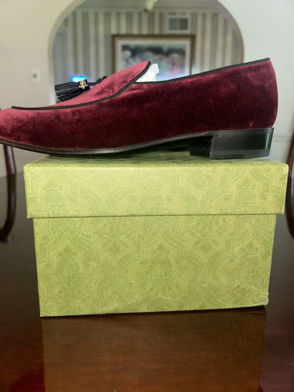 Gucci Men's Wine Velvet Tassel Loafers with Black Tassels